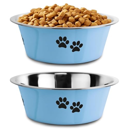 Image of SUOXU Stainless Steel Dog Bowls 2 Pack, Non Slip Rubber Bottom Non Spill Proof Skid Metal Insulated Dog Bowl Water Bowl for Small Medium Large Breed Dogs (Blue, 860ML)
