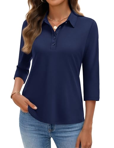 YUCOLEN Polo Shirts for Women 3/4 Sleeve Tops Golf Tees 5-Button Collared Cotton Shirt Business Casual Navy Blue, M