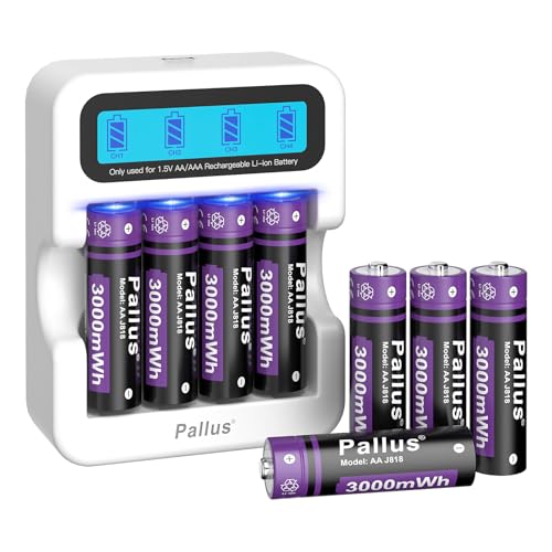 Rechargeable AA Lithium Batteries with 4-Slot LCD Charger 2 Hour Fast Charge 3000mWh Large Capacity Double A 1500+ Cycles for Mouse Security Camera (8 Pack)