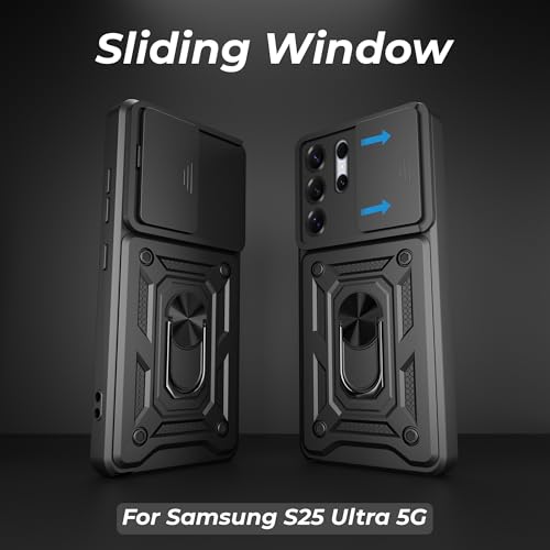 Image of A rtistque Armor Bumper Back Case Cover for Samsung Galaxy S25 Ultra 5G | Stylish Ring Holder & Inbuilt Stand | Sliding Camera Cover | Shockproof TPU Protective Design | S25 Ultra Back Cover - Black