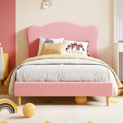 Image of GarveeHome Upholstered Twin Size Bed Frame for Kids with Scallop Headboard, Cute Velvet Twin Bed for Girls, Boys, Sturdy Platform Bed, No Box Spring Needed, Wooden Slats, Noise Free, Pink