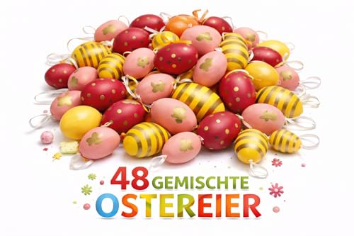 KAMACA 48er Set Ostereier Rosa-Rot-Gold – Edles Design mit Punkten, Streifen & Hasen – Mix aus 24x 6 cm & 24x 4 cm – Wetterfester Osterschmuck für Draußen & Drinnen – Deko für Osterstrauch