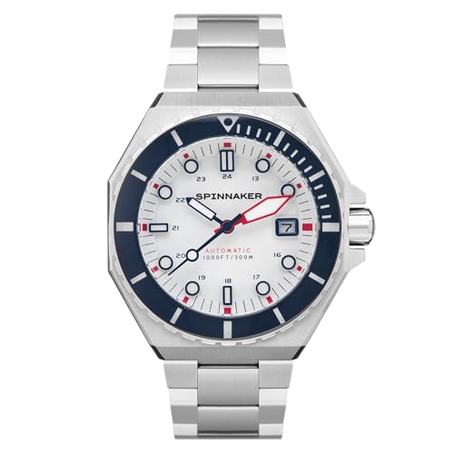 Spinnaker Dumas Mens Watch - Automatic Dive Watch for Men 44mm Stainless Steel Case Stainless Steel Strap Water Resistant 300m SP-5081-HH - White