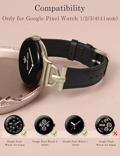 Image of Wearlizer Leather Bands Compatible with Google Pixel Watch 4 /3 41mm /Pixel Watch 2 /1 Band Women, Dressy Designer Slim Leather Strap with D-Shape Metal Buckle for Pixel Smartwatch Accessories