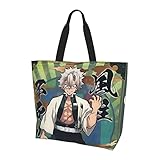 [Emzlikne] 鬼滅の刃 ショッピングバッグエコバッグ大容量レディースハンドバッグコンビニエンスバッグショッピングバッグ耐久性のあるショルダーコンビニエンスバッグ厚くて丈夫で軽量洗えるコンパクトポータブル便利な防水収納バッグ