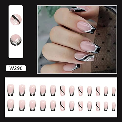 24Pcs French Tip Press On Nails Medium Fake Nails Black Glitter Stick On Nails European And American Stripes Glue On Nails Square Shaped Design Acrylic False Nails For Women Or Girl Manicure #TOP3