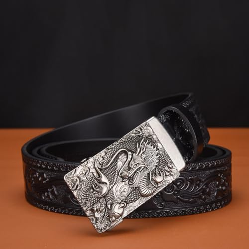Men's Ratchet Dress Belt Sliding Automatic Buckle Engraved Silver Dragon Pattern, Western Cowboy Embossed Leather Strap2