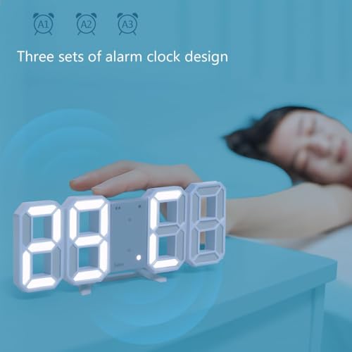 Image of 3D LED Digital Wall Clock with Three Alarm Sets, White, Desk Stand, Modern Style