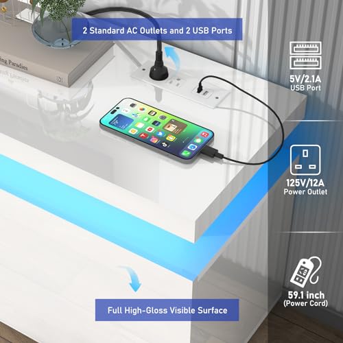 Hlivelood LED TV Stand for 85 Inch TV, Modern TV Stand with Power Outlet, High Gloss TV Console Entertainment Center with Storage and LED Lights for Living Room, Bedroom (73 Inch, White)