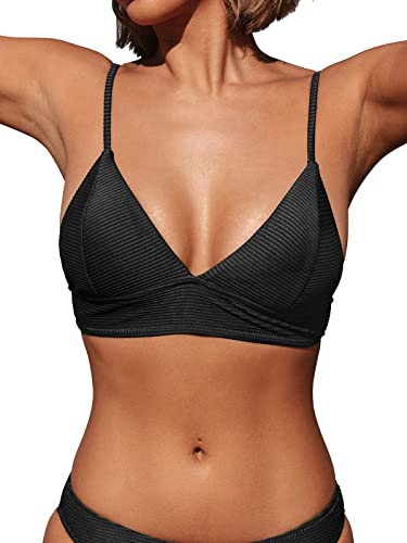 CUPSHE Bikini Top para mujer, traje de baño con cuello en V, correas espagueti ajustables acanaladas, traje de baño, Negro, Large