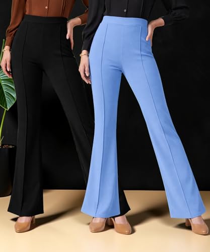 Image of Women Solid Flared Trousers Pack of 2 | High Waist Stretchable Office Pants for Women | Formal Bell Bottom Palazzo Trouser Combo