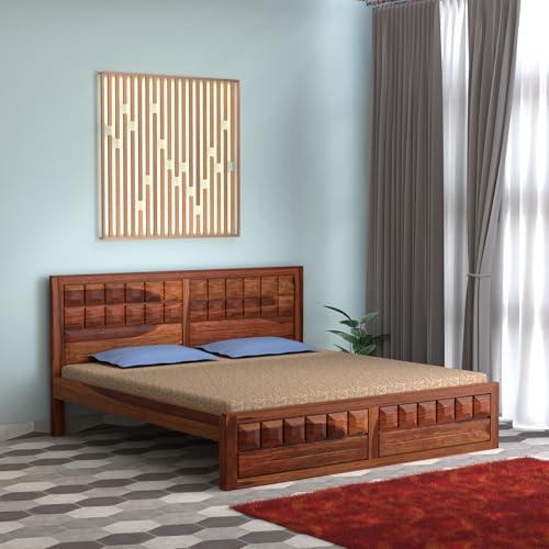Image of Solid Sheesham Wood King Size Bed Without Storage | Wooden Double Bed Cot Bed for Bedroom Furniture | Palang Double Bed for Hotels | Honey