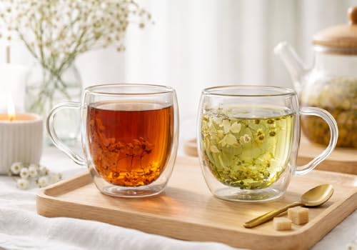 Image of IndusBay Double Wall Borosilicate Glass Mug with Faux Dried Flowers - Elegant Insulated Coffee /Tea Cup | Transparent Floral Design | 250ml | Ideal for Gifting, Home & Office, Boutique, 3 Pieces