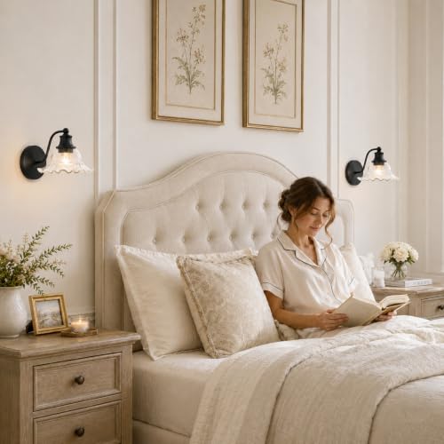 Image of Matte Black Bathroom Wall Sconce Vintage Style, E26 Easy Mounted | Vanity Light with Flower Glass Shade, Bathroom Wall Lighting Fixture Beside Mirror, Easy Mounted for Bedroom, Hallway