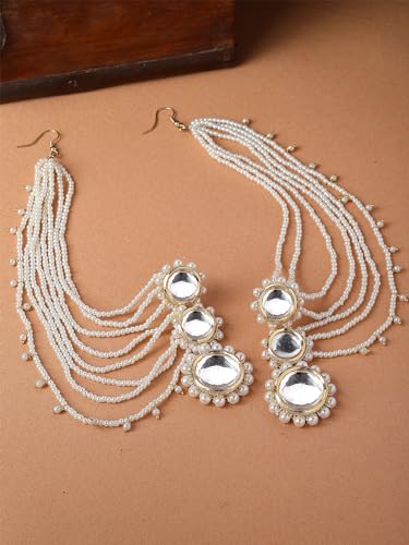 Image of Karatcart Gold Plated Pearl Chain Kundan Kaanchain Earrings for Women
