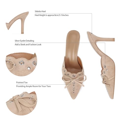 Image of DOEYG Women Pointed Toe Bow Heels Mules Slip on Stiletto Heels Sandals Dress Party Wedding Studded Heels Pumps