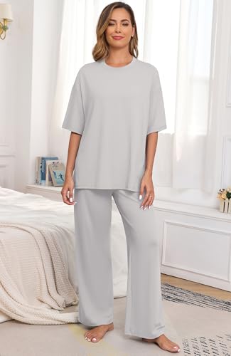 Image of PrinStory Womens Pajamas Sets 2 Piece Lounge Set Short Sleeve Tops and Long Pants Soft Pjs Loungewear with Pockets