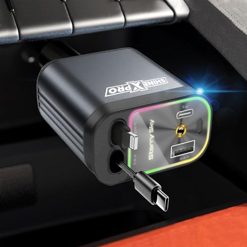 Image of ShineXPro Starlight Retractable Car Charger - Extra-Long Type-C Retractable Cables, 4-in-1 Car Mobile Charger with Starry Sky, 120W Car Fast Charger with Dual USB Port for Android & iOS Devices
