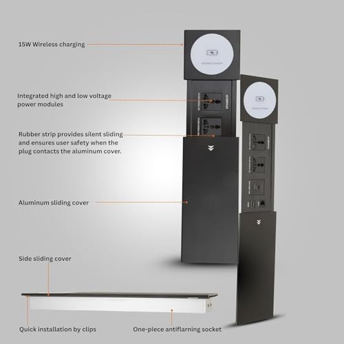 Image of COOLCOLD in-Desk Sliding Power Socket with 15W Wireless Charger Compatible with All Qi Enabled Device, 2 Power Outlets 10Amp, USB Charger A+C 5V 2.1A, HDMI & LAN Ports | Hidden Pop-Up Table Module