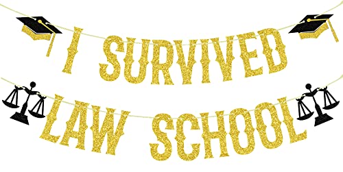 Bandera 'I Survived Law School', bandera de felicitación de abogado 2025, Born to Argue, decoración de graduación de clase de derecho 2025, decoración de fiesta dorada