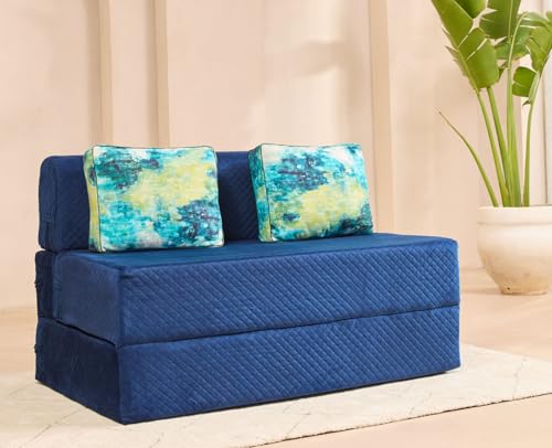 Image of uberlyfe Xtra High, Xtra Soft 2 Seater (4' x 6') Sofa Cum Bed | 1 Year Warranty |17 inch Sofa Height | Twin Size Foldable Bed | Plush Laser Quilted Fabric | 2 Cushions Ocean Hues Pattern | Deep Blue Color
