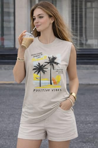 Image of Mack Jonney Women's Printed Cotton Sleeveless Vest | Round Neckt-Shirt| Casual Gym Tank Top-M.J8299
