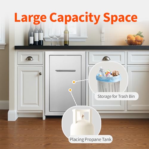 Image of Pull Out Trash Can Drawer Outdoor Kitchen Trash Cabinet Stainless Steel Flush Mount for Outdoor Kitchens & BBQ Islands 14 inch W x 25.7 inch H x 19.4 inch D