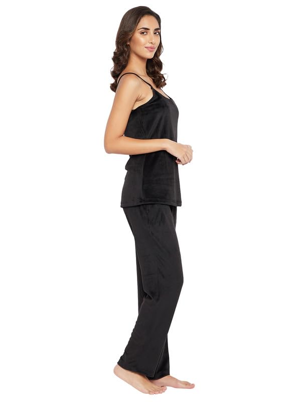 Image of Clovia Women's Rayon Solid Top & Pyjama Set in Black Colour
