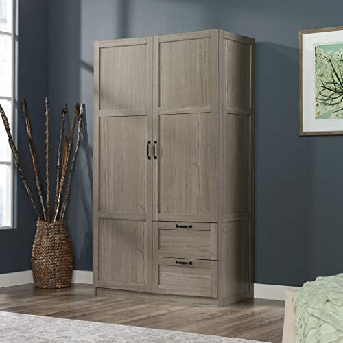 Image of Sauder Select Multipurpose Bedroom Armoire Wardrobe Closet Pantry Storage Cabinet with Storage Drawers and Hanging Rail, in Silver Sycamore