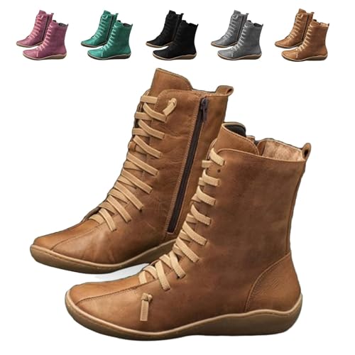 Dbyscholia Ankle Boots for Women Low Heel 2026,Orthopedic Arch Support Lightweight Non Slip Ankle Boots Fashion No Heel Lace Up Side Zipper Retro Leather Booties Comfortable Slip on Flat Shoes