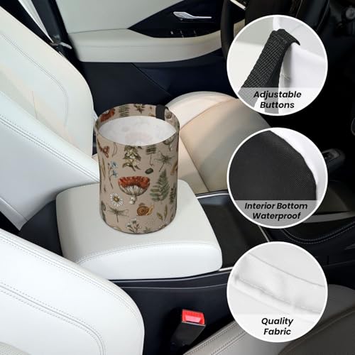 Image of Car Trash Bag Vintage Mushroom Forest Plants Waterproof Trash Small Car Can Portable Collapsible Car Garbage Can Hanging for Back Seat Floor or Hanging Headrest Car Decor Road Trip Essentials