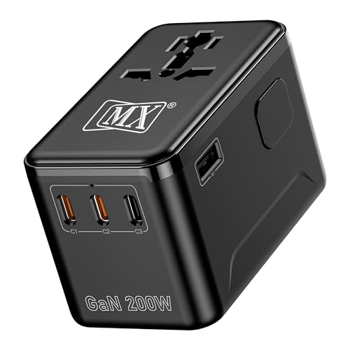 Image of MX GaN 200W Universal Travel Adapter with 3 USB-C & 1 USB-A Port AC Outlet, 5-in-1 International Power Adapter for Worldwide Travel, Type A /C /G /I Plugs, 200+ Countries Fast Charging Adapter