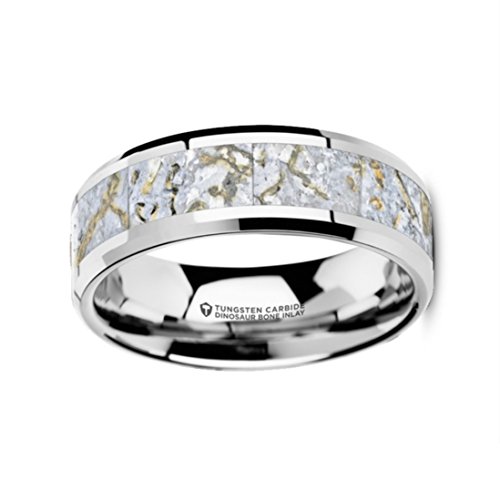 Mesozoic White Dinosaur Bone Inlaid Tungsten Carbide Beveled Edged Ring 8Mm Wide Wedding Band With Custom Inside Engraved Personalized #TOP1
