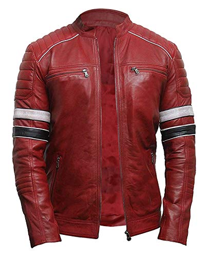 Aksah Fashion Herren-Motorrad-Lederjacke, Antik-Schwarz, Vintage, Used-Look, Retro-Stil, Bikerjacke aus Rindsleder, Used-Look, Rot, L