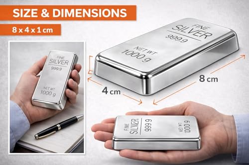 Image of ZAHEPA Realistic Metal Silver Bar Paperweight for Office Table, Fake Silver Biscuit Paper Weight with Acrylic Base, Prop for Jewellery Shop & Heist Theme, Unique Gift for Home & Office (Pack of 1)