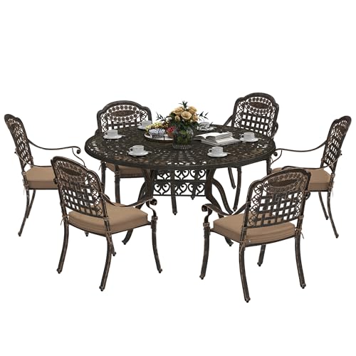 Outsunny 7 Pieces Cast Aluminum Patio Dining Set for 6, Patio Table and Chairs with Umbrella Hole and Cushions, Outdoor Furniture Dining Set for Garden Backyard Poolside, Bronze