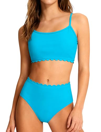 Image of Girls Swimsuit Two Piece Bathing Suit Ruffle Trim Swimsuits for Girls Tankini with Drawstring Shorts Swimwear 9-18Y