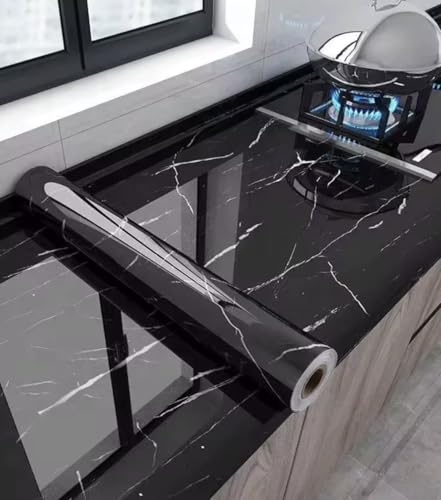 Vinilo Adhesivo Decorativo Efecto Mármol – Papel Autoadhesivo Impermeable para Muebles, Encimeras y Mesas – 60x300 cm – Fácil de Colocar (Negro)
