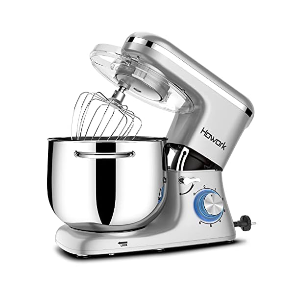 Howork Küchenmaschine Knetmaschine, 1500W leistungsstark 8L Tilt-Head Geräusche Knetmaschine, 6-stufige Geschwindigkeit Teigmaschine mit Rührbesen, Knethaken, Spritzschutz, Schläger