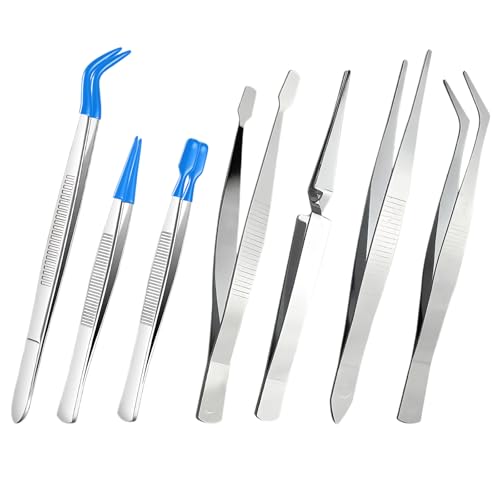 7 Pcs Pinzas de Precisión de Acero Inoxidable, 3 Puntiagudas con Punta Silicona, 4 Pinzas Depilar Antideslizante, Recta+Curva+Planas+Cruzadas, para Manual, Belleza, Tratamiento, Pestañas, Labora