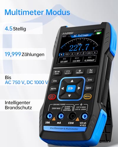 FNIRSI 2C53T Osciloscopio Portátil, Digital Osciloscopio/Multímetro/Generador de Señales DDS 3 En 1, Frecuencia de Muestreo de 50MHz 250MS/s, 19999 Recuentos, Voltaje, Corriente, Condensador