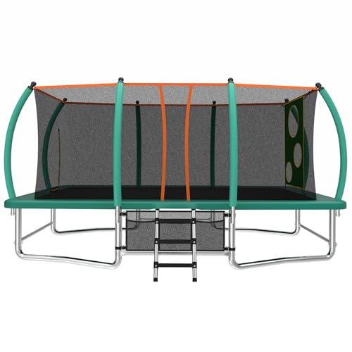 Mersco Rectangle Trampoline Outdoor for Kids and Adults, 8x14 FT, 10x16 FT Trampoline with Enclosure and Ladder, ASTM Compliant, 1760LBS Capacity Anti-Rust Coated Frame for Backyard, Blue/Gr