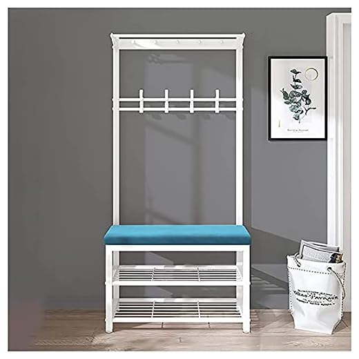 Banco de Entrada con Perchero,Banco de Almacenamiento de árbol de Pasillo 3 en 1,Perchero Banco de Zapatos con Ganchos,Zapatero,Cojín de Terciopelo,Azul fácil 31 Pulgadas
