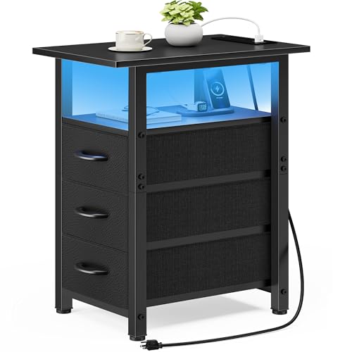 Vagusicc Black Nightstand with Charging Station and LED Lights, Narrow End Table, LED Nightstand with 3 Fabric Drawers for Bedroom, Small Night Stand, Narrow Side Table for Small Spaces, Black
