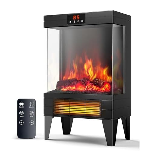 Electric Fireplace Stove Heater - Freestanding Fireplace Heater for Indoor Use with Realistic 3D Flame, Adjustable Thermostat & Remote, Quiet, Timer for Living Room and Bedroom Matte Black