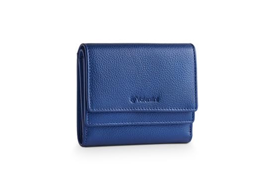 Valentini Portfel Damski - Portmonetka - Skóra Naturalna - Ochrona RFID - 12 Przegródek na Karty i Dokumenty - 11,5 x 10 cm Niebieski Metallic