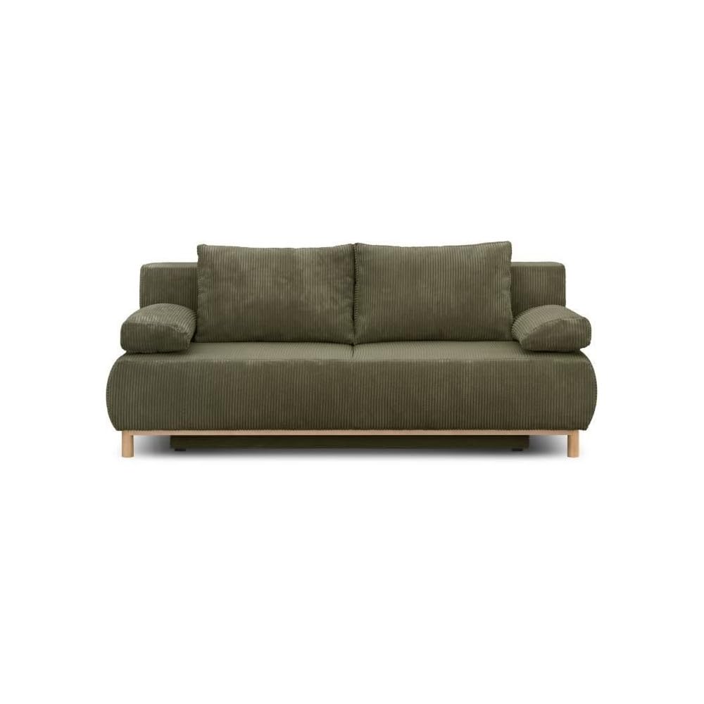 MIKA Banquette Convertible 3 Places Velours côtelé Vert Kaki - Coffre de Rangement - L 192 x H 84 x P 93 cm