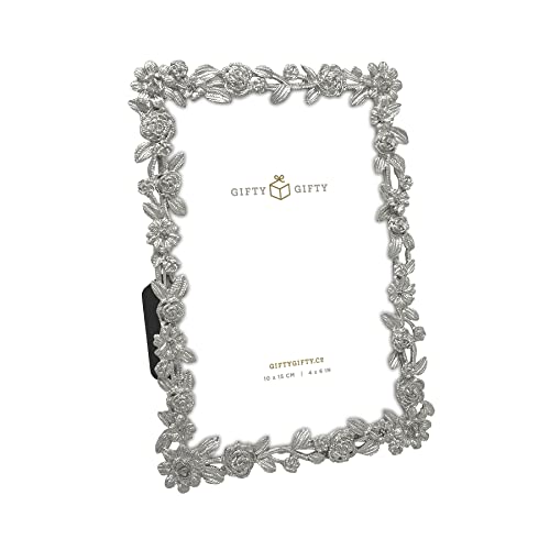 Gifty Gifty Cut-Out Floral Photo Frame / 4X6 In | For Vertical And Horizontal Display On Tabletops | Perfect For Home Decor, Wedding, Vacation, Graduation, Or Any Milestone Photos (Silver) #TOP1