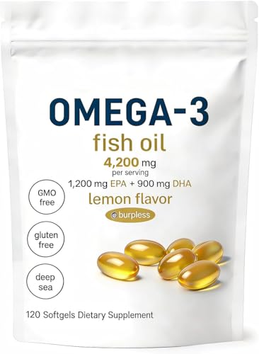 Omega 3 Fish Oil Softgels 4200mg per Serving - 120 Lemon Flavored Softgels, High EPA 1200mg + DHA 900mg, Burpless Formula, Enteric Coated for No Fishy Aftertaste