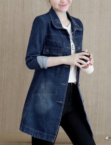 Womens Classic Long Denim Jacket Trendy Lapel Slim Jean Button Down Jackets Shackets Coat Windbreaker Outerwear3